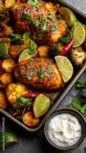 Sheet pan indian spiced chicken with lime chilies roasted potatoes broccoli and yogurt sauce for vibrant dinner platter design