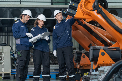 Engineers wearing hardhats using laptop computer to inspect and program robotic arm system in factory.