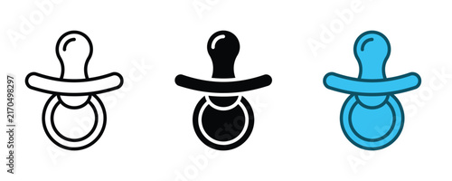 Baby Pacifier Icon Set In Black, White And Blue Colors, Cute Infant Soother Symbol Collection, Isolated On White Background