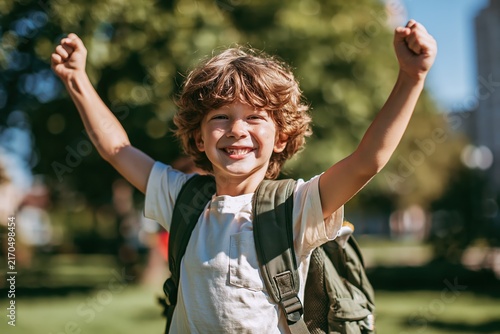 Joyful schoolboy with backpack celebrates with arms raised in a triumphant pose