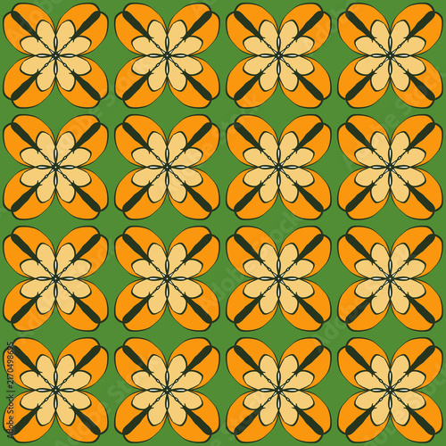 Green Orange Floral Geometric Seamless Pattern
