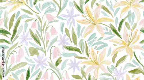 Delicate light botanical watercolor pattern with muted flowers and foliage for seamless wallpaper and surface design