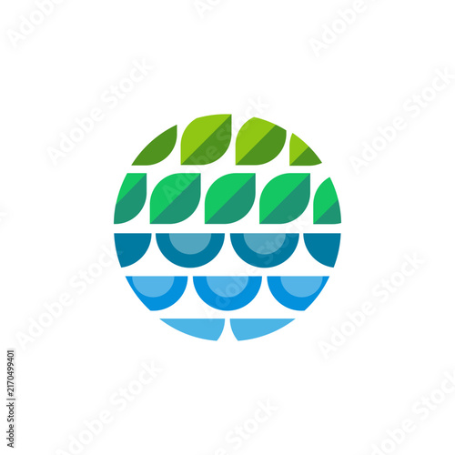 Leaves and Ocean Waves Globe Environmental Symbol Logo Design Vector
