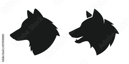 Two black silhouette icons of wolf heads facing left isolated on a white background
