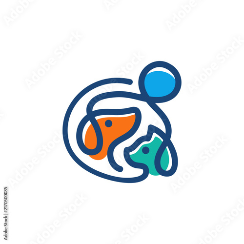 Continuous Line Connecting People Dog and Cat for Veterinary Care Logo Design Vector
