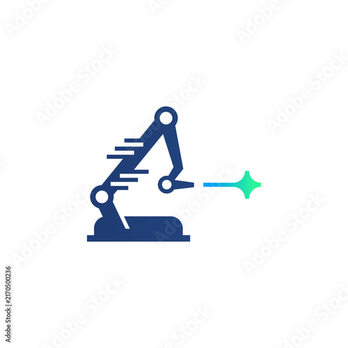 Blue Medical Laser Machine with Robotic Arm and Beam Symbol Logo Design Vector