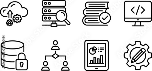 Data Management and Software Development Line Art Icon Set – Black and White Database, Coding, and IT Vector Icons