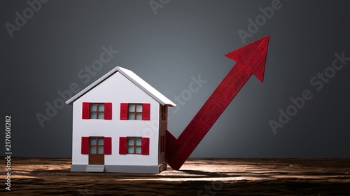 Minimalist architectural house model with a red growth arrow on wood for real estate success