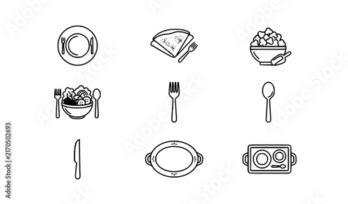 Dish and Food Tableware Thin Line Icon Set – Editable Stroke Vector