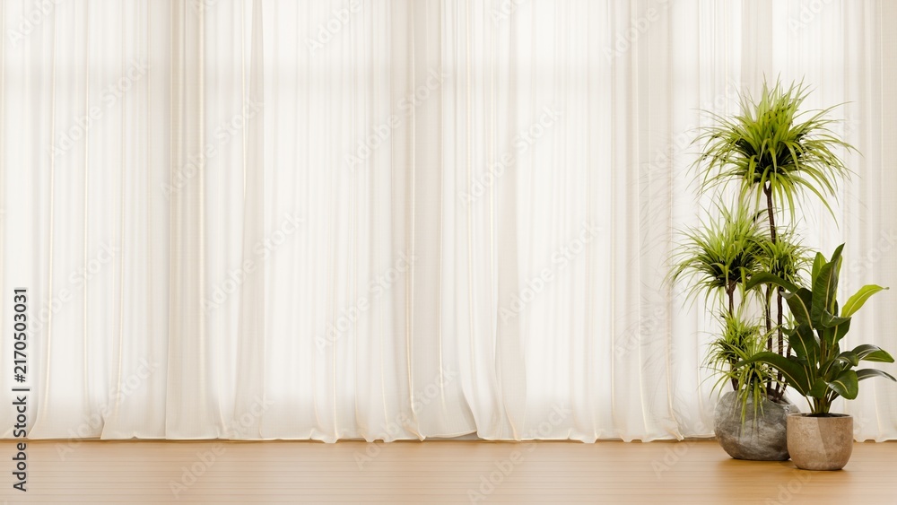Fototapeta premium Empty room with white curtains and plants- 3D rendering
