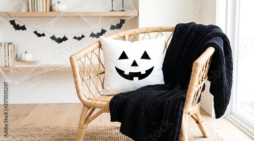 Jackolantern Pillow on a Rattan Chair with Black Throw Blanket for Halloween Decor