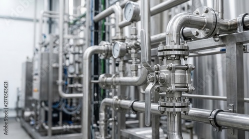 Industrial Stainless Steel Piping System with Gauges in a Manufacturing Facility