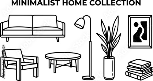 Minimalist Furniture and Home Decor Line Art Icon Set – Black and White Interior Design Vector Icons