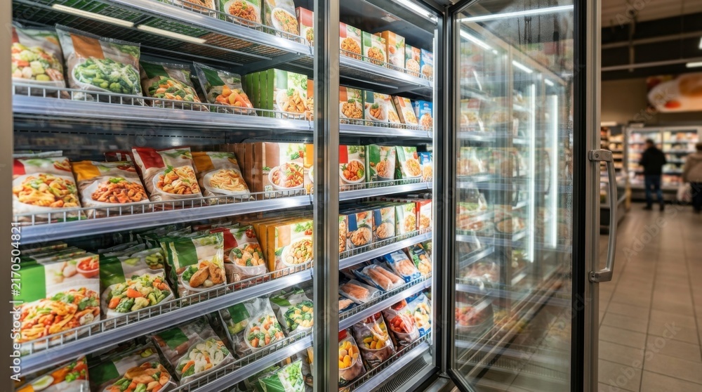Obraz premium Commercial freezer filled with diverse frozen food products on multiple shelves