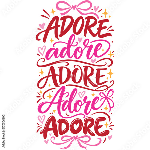 Valentine Day Adore Word Decorative Script Lettering Art.