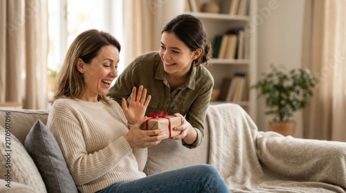 Daughter surprises mother with a gift at home, sharing a happy moment