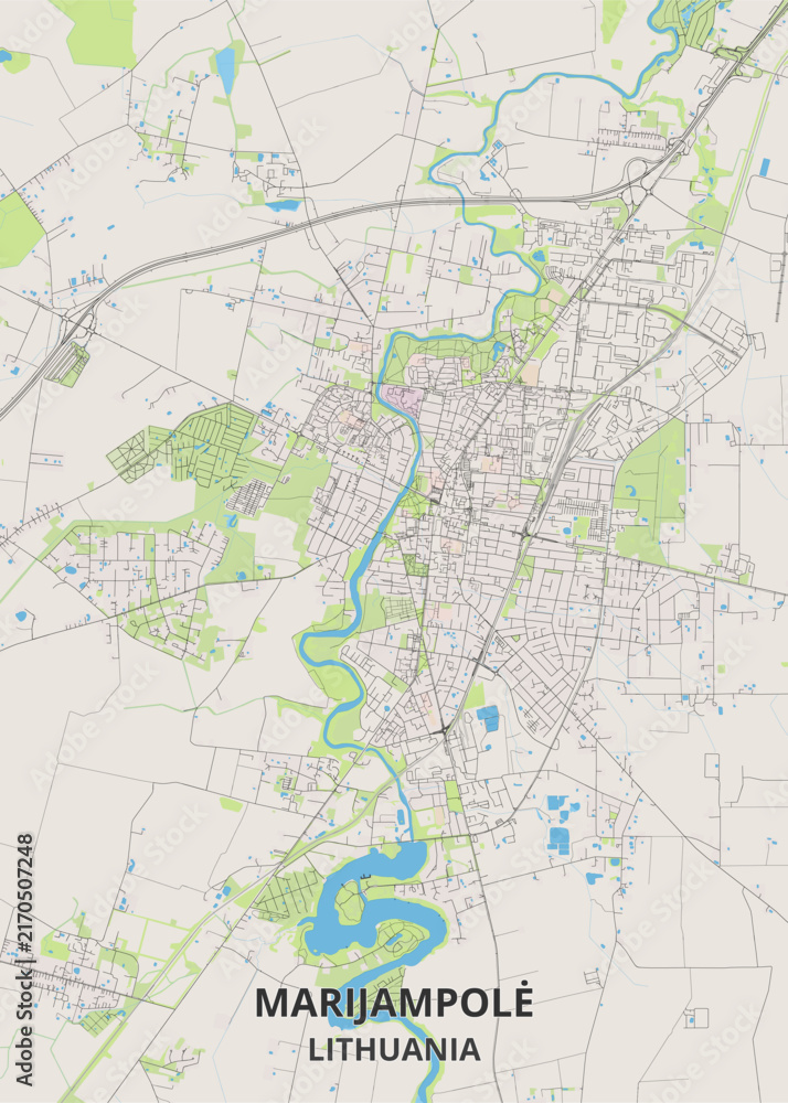 Fototapeta premium Detailed road map of Marijampolė in Marijampolė County Lithuania, featuring the winding Šešupė River, central urban street grid, railway lines, and surrounding green landscapes on a light background.