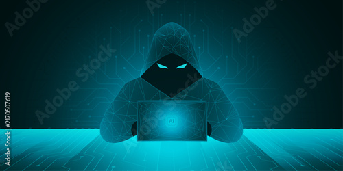 Cyber hacker attack concept. Abstract digital hacker man with a laptop and data server room. Database security. DDoS attack concept. Cyber security. Vector 3D illustration. Internet criminal and fraud