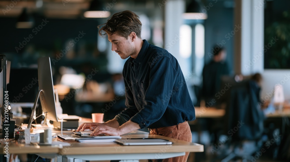 Obraz premium Young man with light brown hair, wearing a blue shirt and orange pants, actively types on a computer keyboard at a standing desk within a bustling, open-plan modern office environment.