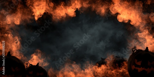 Scary carved pumpkins surrounded by bright orange fire smoke border frame