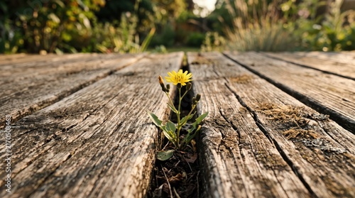Plakat w ramie Small yellow wildflower growing through a crack in weathered wooden deck boards, resilience and hope, nature reclaiming man-made structures, spring growth, survival instinct