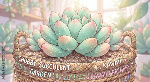 Pastel succulent in woven basket with kawaii greenery and garden text