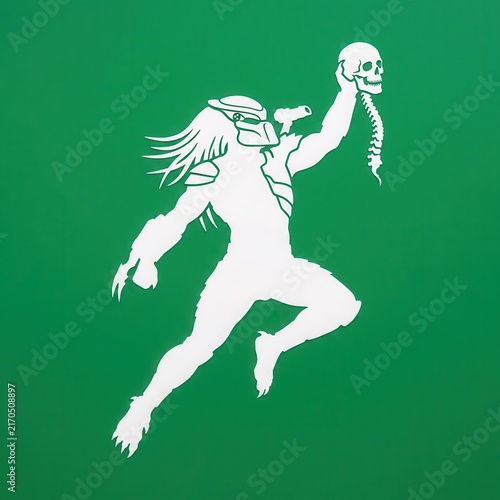 The fierce alien hunter from outer space triumphantly displays a skull and spine as a trophy, showcasing its predatory prowess against a vivid emerald backdrop