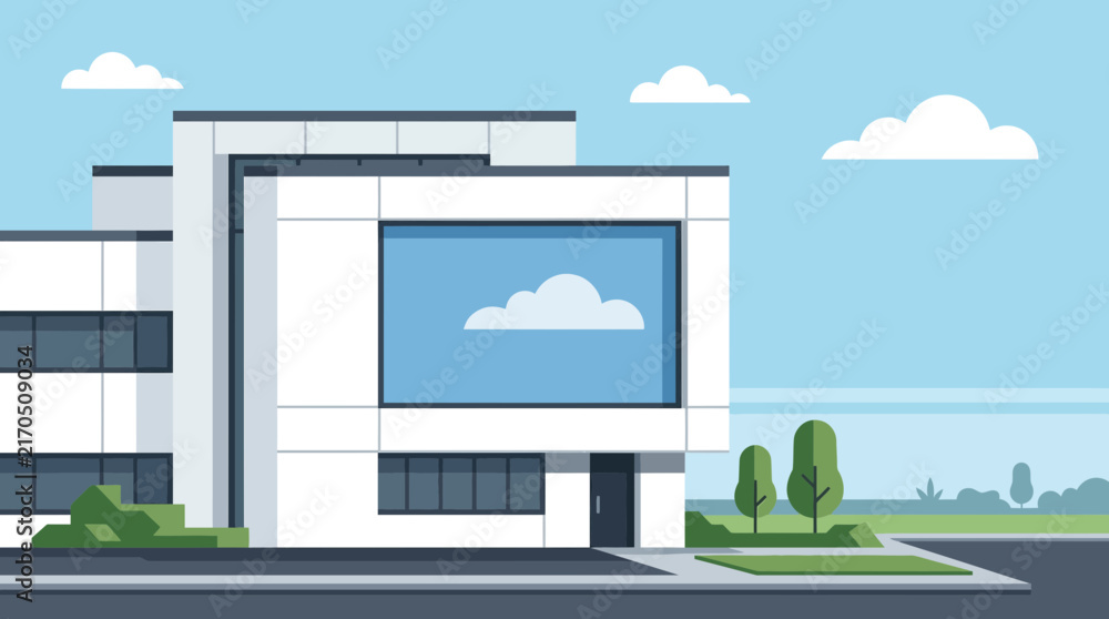 Obraz premium A clean and elegant flat design illustration showcasing a modern minimalist building exterior with striking geometric lines and a serene reflection. This 2D vector graphic embodies a contemporary, cor