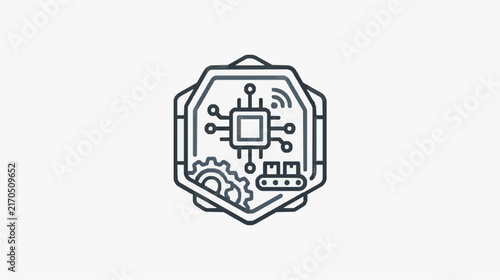 Modern Minimalist Circuit Board Shield Icon with Gear and Wi Fi Symbol