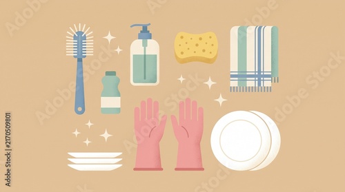 Kitchen Cleaning Essentials, Flat Design Illustration of Dishwashing Supplies and Hygienic Home Care