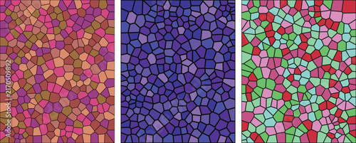 Stained glass mosaic panels with vibrant colors and geometric patterns featuring background
