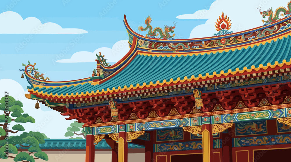 Obraz premium A vibrant flat design illustration of a traditional Asian temple roof, showcasing highly detailed, ornate eaves and decorative carvings. This 2D vector graphic beautifully captures cultural symbolism 