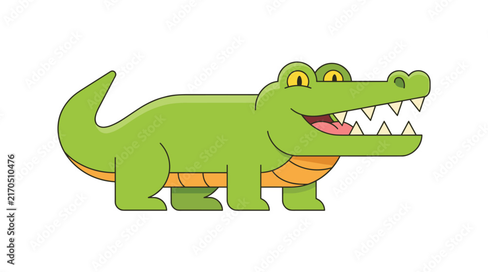 Fototapeta premium Cartoon alligator illustration with open mouth, sharp teeth, and happy expression, flat design style on white background