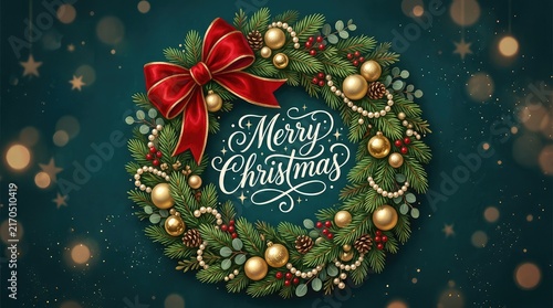 Festive christmas wreath with a red bow and golden ornaments on a dark teal background
