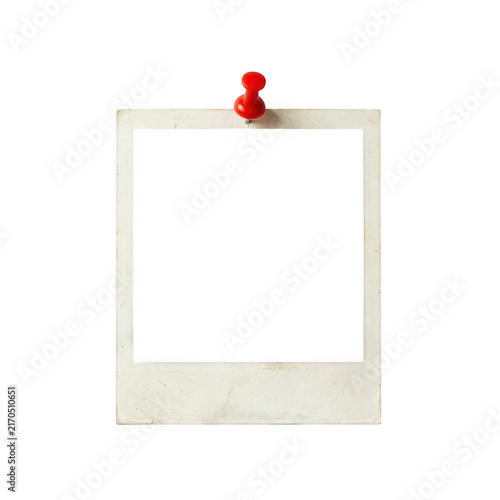 Empty vintage polaroid photo frame with a red push pin