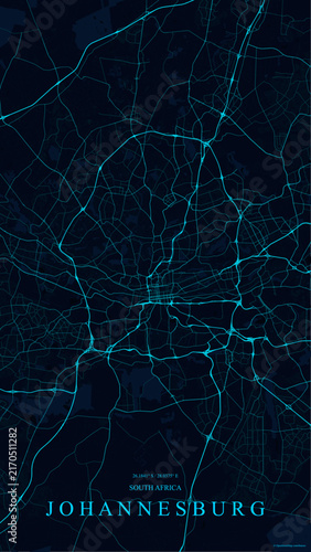 Dark cyan neon road map of Johannesburg in Gauteng South Africa, featuring luminous highway corridors, complex highway interchanges, urban street networks, and geographic coordinates 