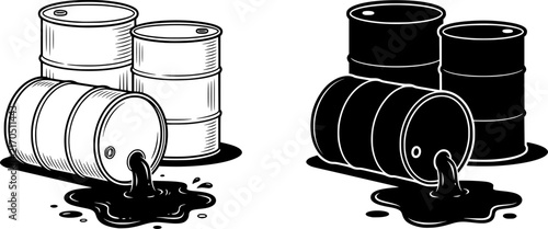 Oil barrel leak vector illustration set featuring line art outline and black solid glyph styles, spilled crude oil drum containers with puddle environmental pollution concept isolated on white