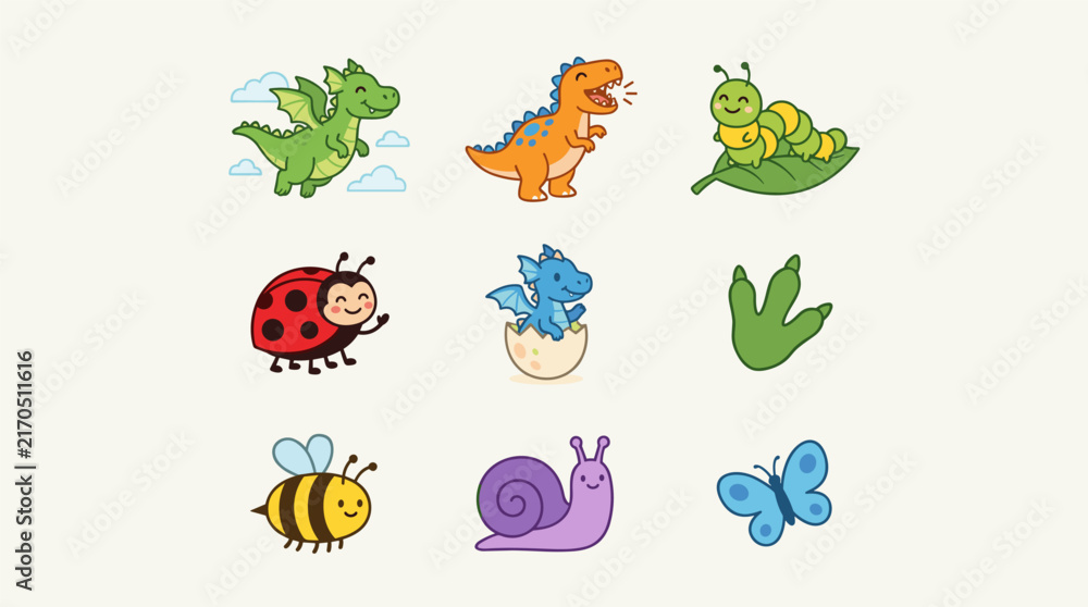 Obraz premium Cute cartoon icon set featuring a dragon, dinosaur, caterpillar, ladybug, bee, snail, and butterfly