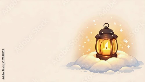 Cozy glowing lantern with a flickering candle resting on snow, surrounded by sparkling stars. warm winter holiday mood and soft ambient light.