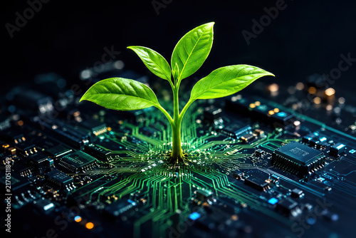 A vibrant green seedling sprouts from a complex circuit board, showcasing the fusion of nature and technology.