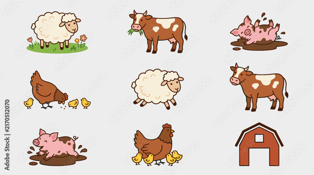 Fototapeta premium Cute farm animal icon set with sheep, cow, pig, chicken, chicks, and barn in flat design style