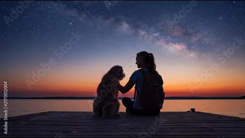 Woman and dog silhouetted against a starry night sky and sunset over water.