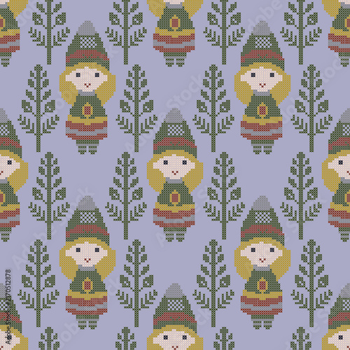 Cute cross stitch seamless pattern with little gnome girl and pine trees in Nordic style perfect for print elements. Artwork with pastel background 