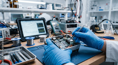 Technician working on an electronic device in a laboratory setting. The technician is wearing blue gloves and using tweezers to manipulate components on a circuit board.