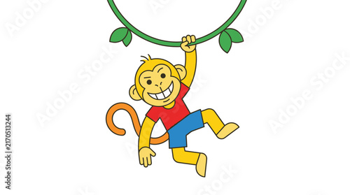 Canvas Print Playful cartoon monkey in red shirt and blue shorts swinging from a green vine,