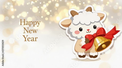 Cute cartoon lamb holding a golden bell with a red bow moves into frame beside 