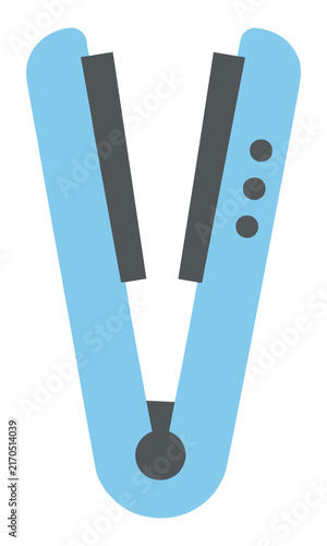 Modern hair straightener flat icon with a blue body and grey heating plates on a white background, beauty salon and hair styling equipment concept