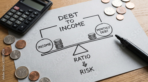 Debt to income ratio visualized with a balance scale, coins, and a calculator, illustrating financial risk.