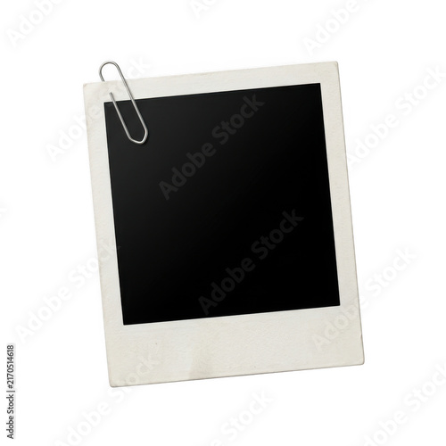Vintage square photo frame with a metal paper clip isolated on white background