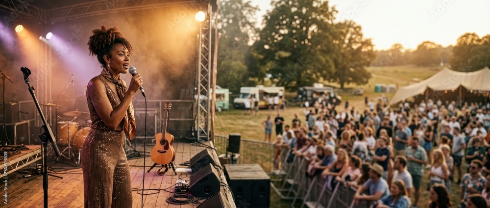 Obraz premium Professional singer performing live on outdoor concert stage with audience and warm sunset light
